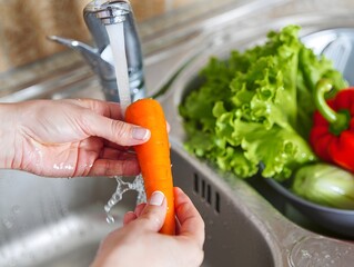 Washing Fresh Carrot in Kitchen Sink - Healthy Food Preparation