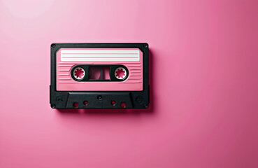 Fototapeta premium Pink audio cassette flat lay on pink surface. Retro music tape recording. Obsolete black stereo media device. Vintage player with magnetic band. Old data archive sound carrier. Copy space.