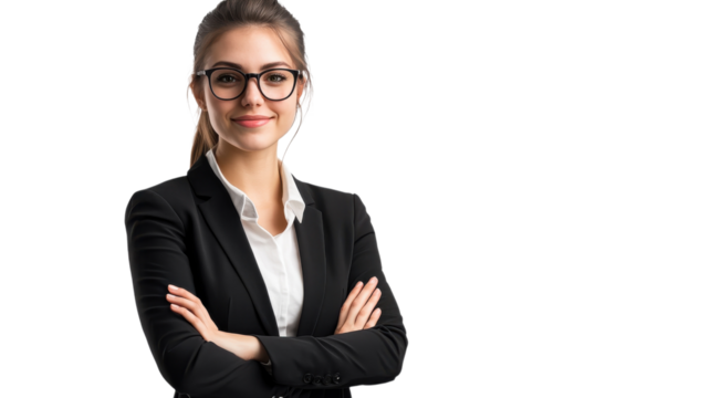 Confident woman in a black suit smiles with arms crossed in a studio, showcasing professionalism and style.