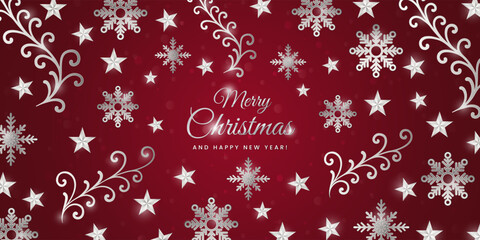 Elegant red Christmas background with silver snowflakes, stars, and swirls. Creative Christmas pattern background. Merry Christmas and Happy New Year typography, luxury holiday vector design.