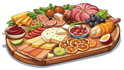 Very beautiful semi-realistic vector illustration of a charcuterie board, featuring an assortment of cheeses, cured meats, nuts, fruits, and crackers arranged artfully, isolated on a clean white backg