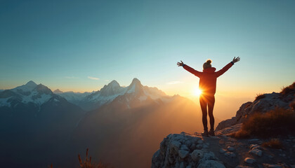 Young woman stands on mountain summit with arms wide open. Enjoys beautiful sunrise over distant snowy peaks. Hiker celebrates achievement, freedom, peaceful moment in vast nature landscape at dawn.