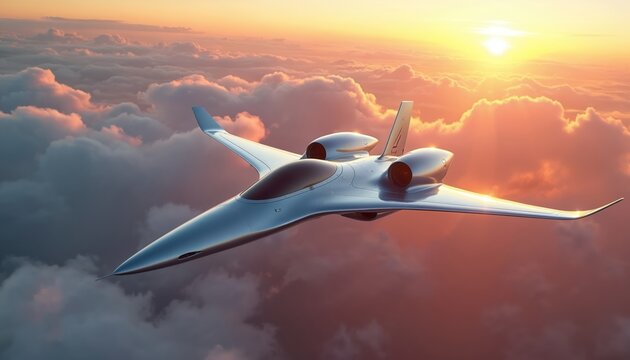 Sleek private jet flies above clouds at sunset. Advanced aircraft twin engines, sharp delta wing design. Smooth metal body reflects warm sky light. Luxury travel, fast transport, innovation concept.