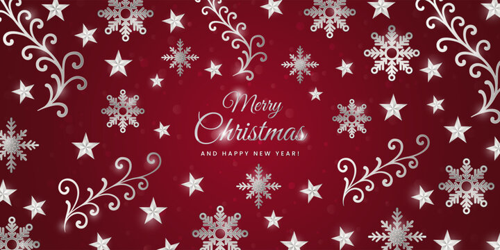 Elegant red Christmas background with silver snowflakes, stars, and swirls. Creative Christmas pattern background. Merry Christmas and Happy New Year typography, luxury holiday vector design.