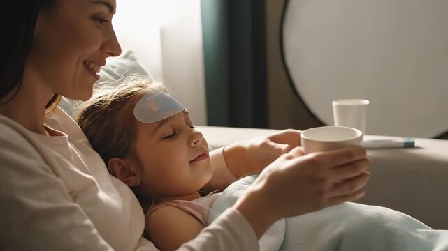 Caring mother gently checks her daughter's forehead while they relax together on a cozy sofa, showcasing a nurturing moment of comfort and love in a warm home environment
