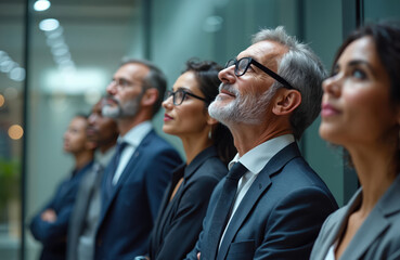 Obraz premium Diverse business team looks up with hope. Executives in formal suits envision future. Multiethnic corporate group expects success in modern office. Confident colleagues anticipate achievement, growth