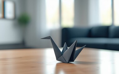 Dull Origami Crane on Wooden Desk: Minimalist Recycled Art