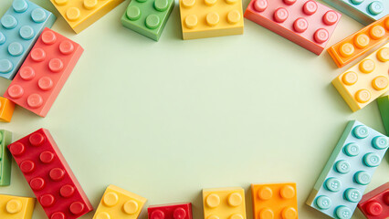 Colorful building blocks arranged in a playful layout on a light background for creative play