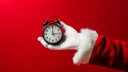 Santa Claus holding a watch against a red studio background with copy space