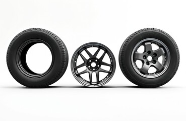 Three automotive components for cars isolated on white. Standard full tire with wheel rim on left. Center features modern black alloy wheel. Second full car tire assembly on right. Auto vehicle parts.