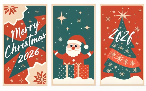 Modern 2026 Christmas and New Year Greeting Card Set in geometric retro style. Contemporary Christmas Graphics with 2026 Typography for posters, covers, prints, banners, and social media. Vector