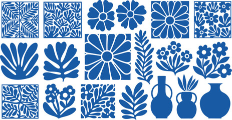 Blue floral and botanical vector pattern elements simple Matisse style design perfect for backgrounds textiles and decorative applications