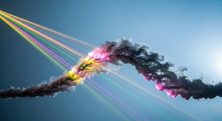 Colorful light rays illuminating dynamic smoke stream against a blue sky background