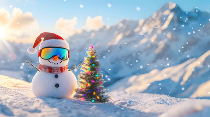 A snowman wearing ski goggles stands next to a Christmas tree and skis on a ski slope against a backdrop of beautiful mountains and a sunny sky