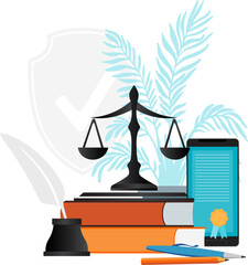 Law and justice concept. Gavel, judge books, pen and scales. Online lawyer legal advice.