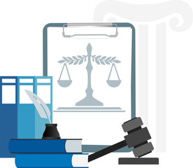 Law and justice concept. Gavel, judge books, pen, documents and scales.