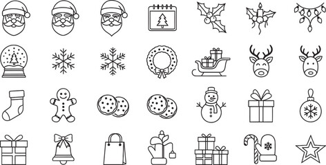 Christmas and winter line icon set vector outline design elements for holiday season isolated on white background