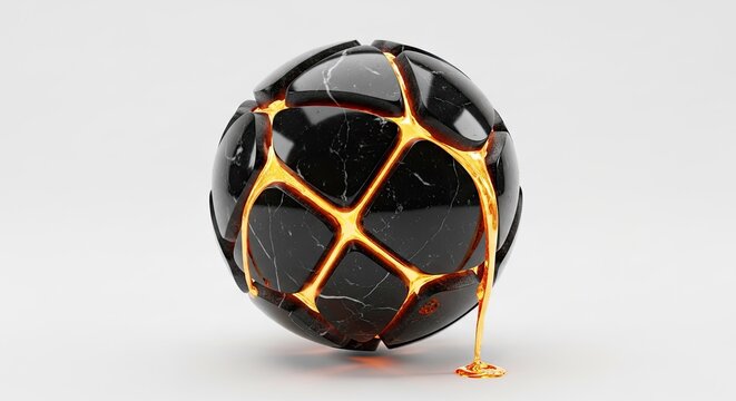 Abstract black marble sphere with golden liquid oozing, representing luxury and sophistication