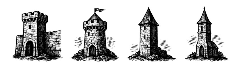 Medieval towers vintage engraving icons set, castle fortress watchtowers