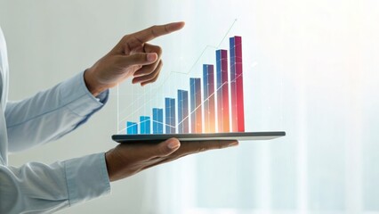 Man holding tablet with a rising bar graph isolated on white background