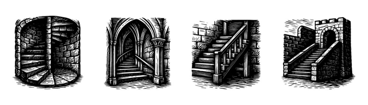 Dungeon entrances vintage engraving icons set, underground tunnels stairs gates