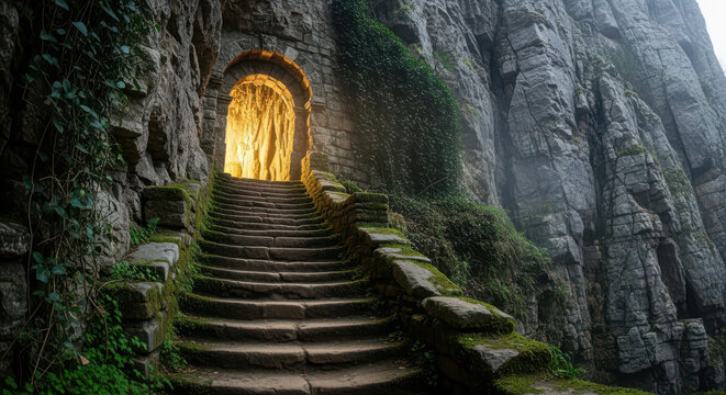 Stone steps ascend to mystical glowing archway in ancient rocky mountain cave