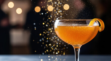 Cocktail for New Year's Eve celebration with bright bokeh lights, orange twist and golden glitter. New Year's Eve celebration includes elegant glass with orange beverage and fancy decoration,