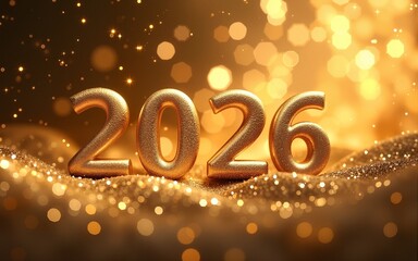 2026 Merry Christmas and Happy New Year Abstract Shiny Gold Glitter Wave Background. Bokeh and Confetti Design Element for Banner, Poster, Website Congratulations. High quality