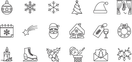 Set of Christmas and winter holiday icons simple line art vector design elements perfect for greeting cards and festive designs