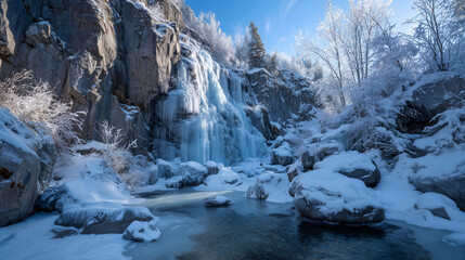 Icy waterfall cascading down rocky cliffs under a crisp blue sky, snow covered trees and rocks creating a serene winter wonderland, nature photography
