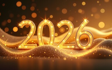 2026 Merry Christmas and Happy New Year Abstract Shiny Gold Glitter Wave Background. Bokeh and Confetti Design Element for Banner, Poster, Website Congratulations. High quality