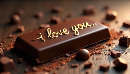 Dark chocolate bar with elegant golden i love text. Romantic sweet dessert on rustic wooden table with cacao powder. Gourmet candy makes perfect gift for lovers on Valentines day special anniversary