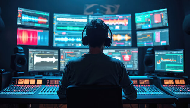 Man with headphones mixes audio in studio with monitors. He works with audio levels on equipment. Person sits in front of multiple screens, edits sound at control panel.