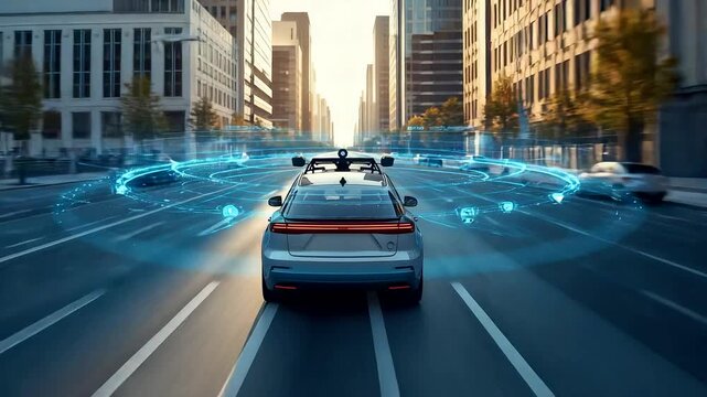Autonomous car driving through modern city street with surrounding sensor visualization and connected traffic flow illustrating advanced urban mobility