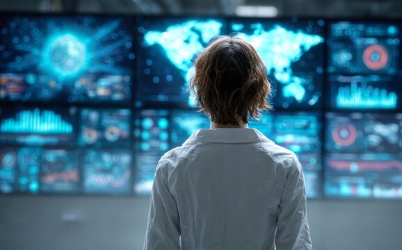 Scientist analyzing global data on large screen display - Powered by Adobe