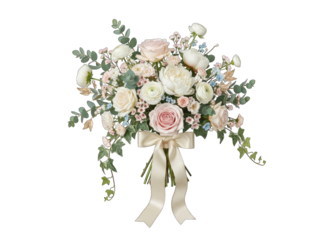 Elegant Floral Arrangement With Soft Pink and White Peonies Roses and Eucalyptus Tied With a Cream Ribbon on a Transparent Background Perfect for Celebrations and Events