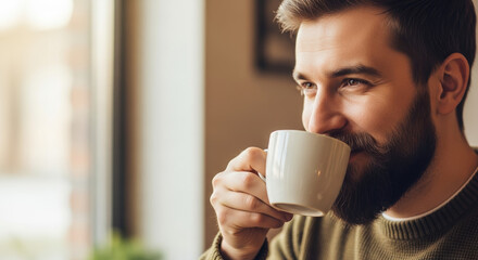 No shave November, attractive man drinking coffee in cafe near window. No shave November concept captures relaxed mood with warm beverage and stylish facial hair.