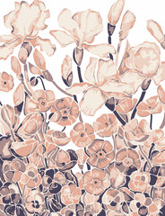 Big flower,Seamless watercolor floral pattern, flowers elements, green leaves branches on dark black background; for wrappers, wallpapers, postcards, greeting 