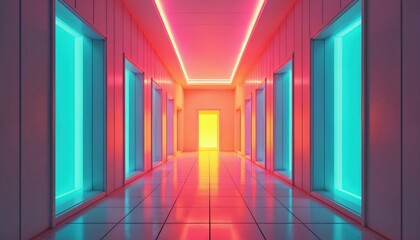 Fototapeta premium Endless corridor with neon lights reflects on shiny floor. Doors on sides open into bright glowing rooms. Yellow light shines from the end of hallway. Futuristic interior spaces.