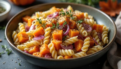 Bowl of pasta salad with spiral pasta fusilli, roasted butternut squash, red onion. Dish is garnished with fresh thyme, sprinkled with sesame seeds and black pepper on grey table.