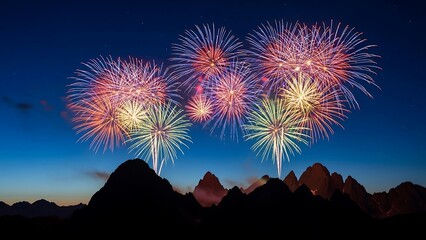 Spectacular Fireworks Display Over Mountain Range at Night.
