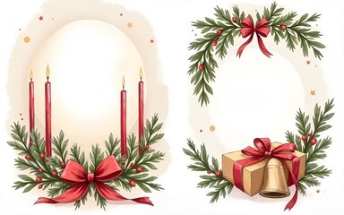 Christmas dinner invitation cards with hand drawn holiday candles, gift box, bells, ribbons. Festive mood, elegant vintage style. Vector sketch illustration. High quality