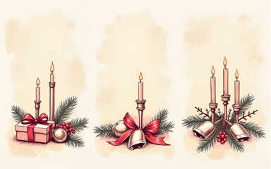 Christmas dinner invitation cards with hand drawn holiday candles, gift box, bells, ribbons. Festive mood, elegant vintage style. Vector sketch illustration. High quality
