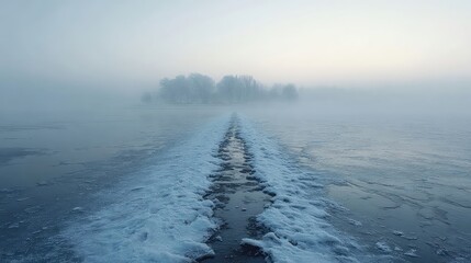 Dreamy winter landscape with snow and fog, inviting reflection on the serene beauty of nature, perfect for travel blogs or peaceful wellness retreats and cool winter vibes