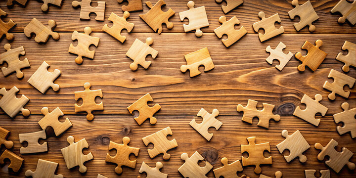 Wooden puzzle pieces scattered on a rustic wooden table create a playful and engaging scene for puzzle enthusiasts
