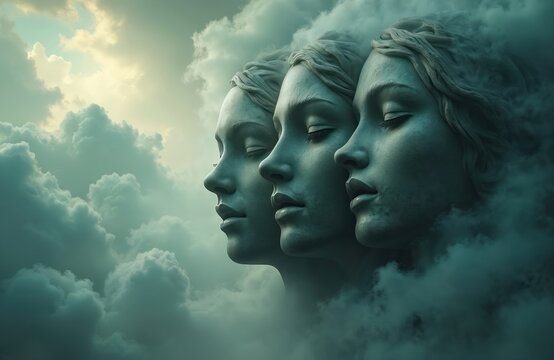 Three ancient stone faces emerge from swirling clouds. These ethereal sculptures appear to be in deep thought or meditation, set against a dramatic sky.