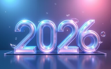 Modern and minimal New Year 2026 illustration featuring transparent glass effects. The design uses a clean gradient from blue to purple, with elegant typography and futuristic decorative elements.