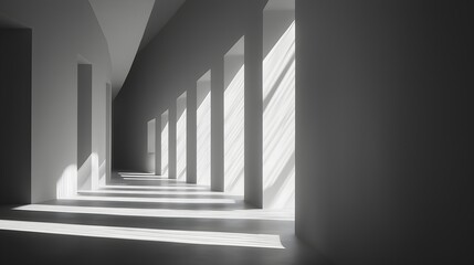 Fototapeta premium Minimalist architectural corridor with long dramatic light and shadow patterns in modern clean interior