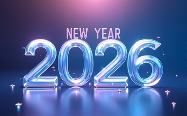 Modern and minimal New Year 2026 illustration featuring transparent glass effects. The design uses a clean gradient from blue to purple, with elegant typography and futuristic decorative elements.