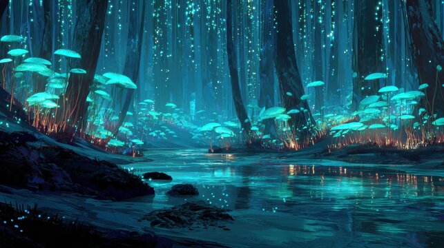 Enchanted forest with glowing mushrooms and mystical waters during twilight